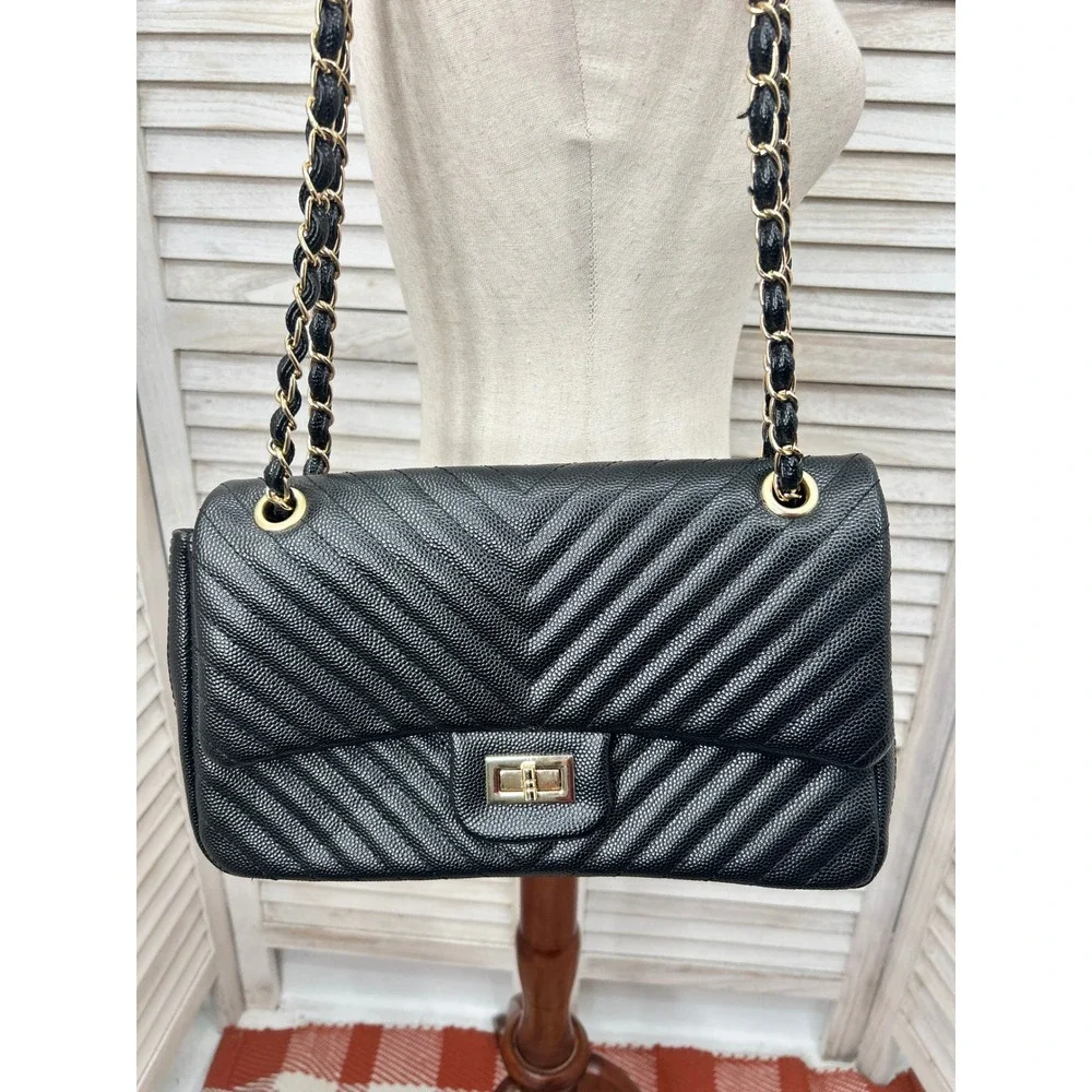 Black Quilted Flap Bag Large Purse Convertible Chevron Minimalist lux